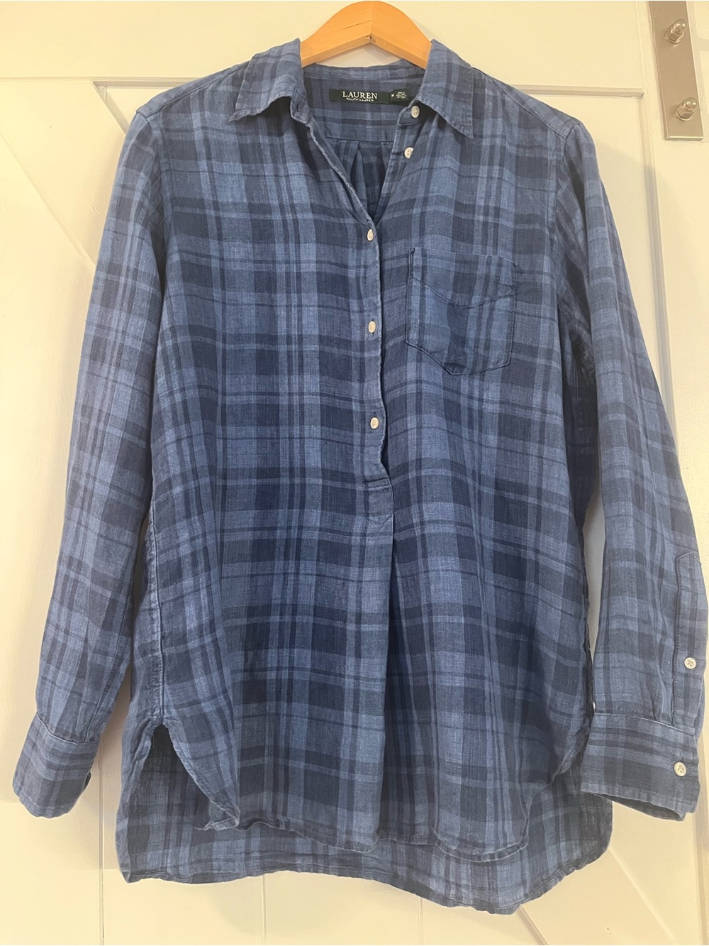 Ralph Lauren Navy and Indigo Plaid Button-Down Shirt 100% nice thick linen , M
